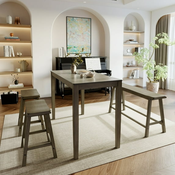 Alpha Joy 4 Pieces Dining Table Set for 4 Space-Saving Wood Kitchen Counter Height Bar Table, 2 Stools and Bench- Smoky Brown