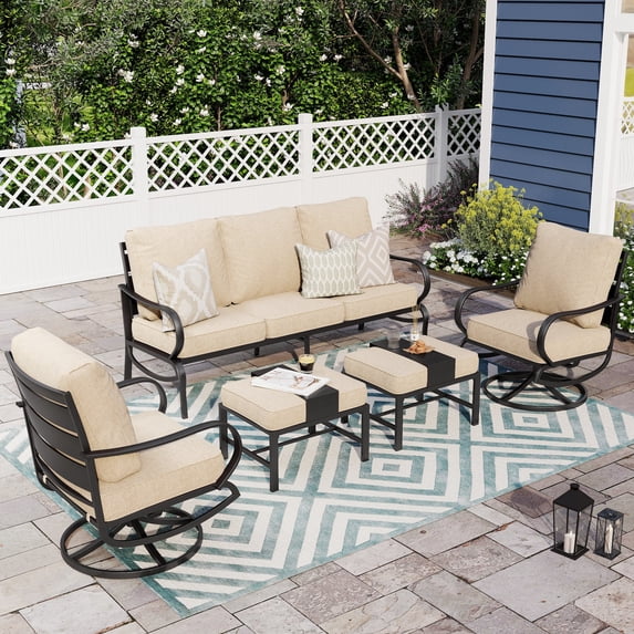 Alpha Joy 5 Piece Outdoor Patio Converation Set Metal Outdoor Furniture Set with Swivel Chairs & Ottomans & 5.75" Thickened Cushions, Beige