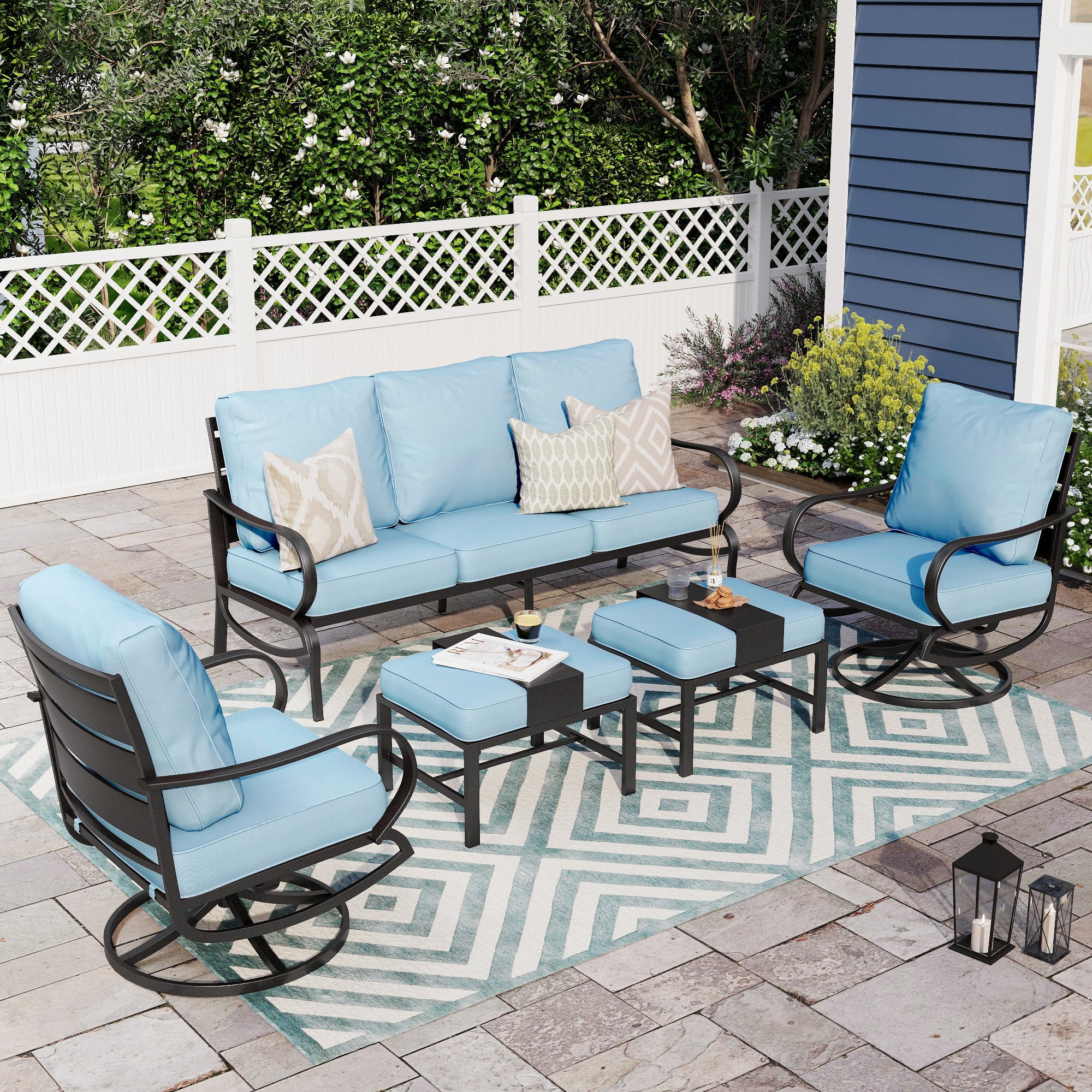 Alpha Joy 5 Piece Outdoor Patio Converation Set Metal Outdoor Furniture Set with Swivel Chairs & Ottomans & 5.75" Thickened Cushions, Blue