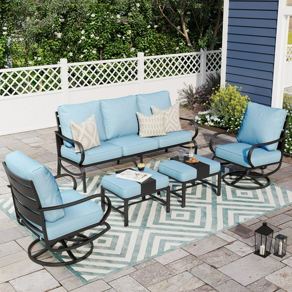 Alpha Joy 5 Piece Outdoor Patio Furniture Set Metal Conversation Set with Ottomans & 5.75" Thickened Cushions, Blue