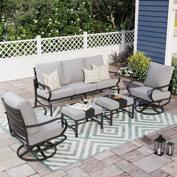 Alpha Joy 5 Piece Outdoor Patio Converation Set Metal Outdoor Furniture Set with Swivel Chairs & Ottomans & 5.75" Thickened Cushions, Gray
