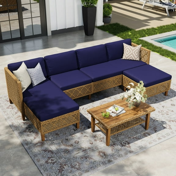 Alpha Joy 5 Pieces Wicker Patio Furniture Conversation Set Boho Style Outdoor Sofa with Wood Coffee Table