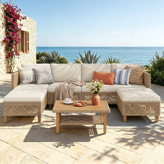 Alpha Joy 5 Pieces Wicker Patio Furniture Conversation Set Boho Style Outdoor Sofa with Wood Coffee Table