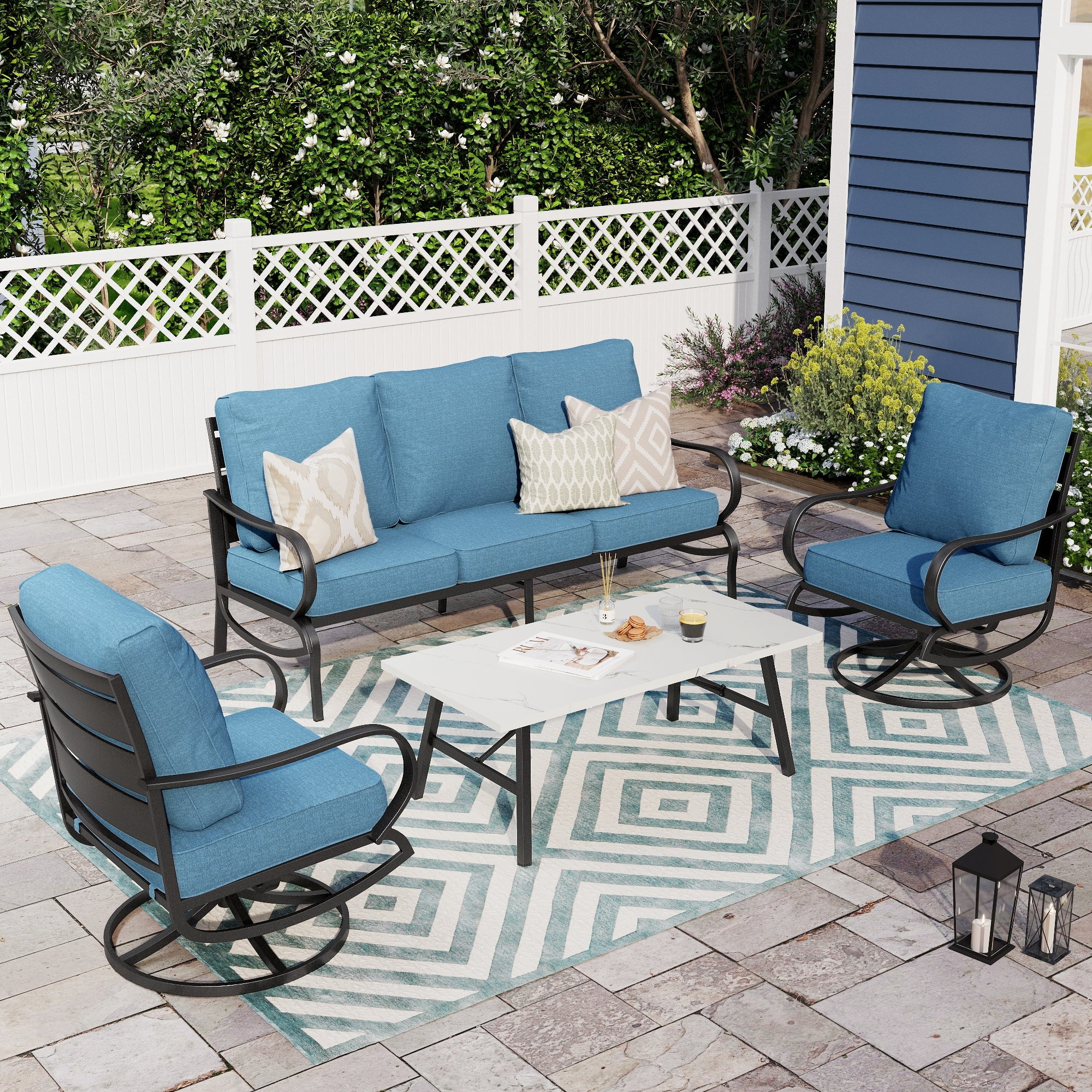 Alpha Joy 5 Seat Patio Conversation Set Metal Outdoor Furniture Set with Swivel Chairs & Table & 5.75" Thickened Cushions for Backyard, Lawn, Deck, Navy Blue