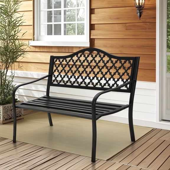 Alpha Joy 50" Black Outdoor Park Bench with Stylish Camelback Back Frame, Durable & Comfortable