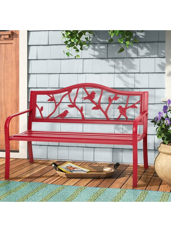 Alpha Joy 50” Outdoor Metal Patio Garden Bench for Lawn, Park, Deck - Red Bird