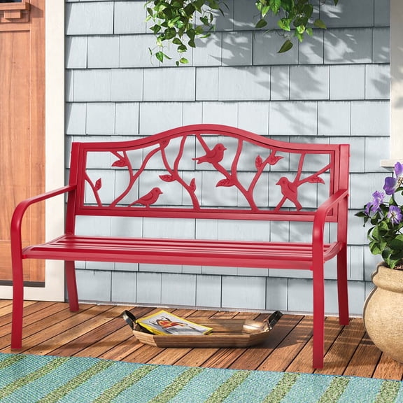 Alpha Joy 50" Outdoor Bench Metal Patio Garden Bench for Lawn, Park, Porch, Backyard, Deck - Red Bird