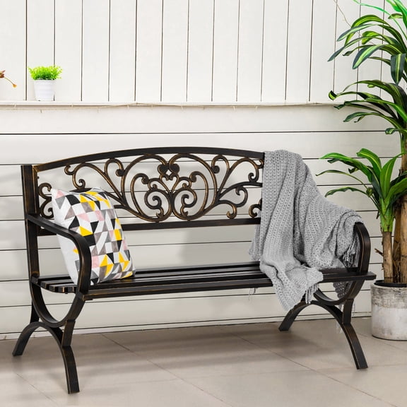 Alpha Joy 50" Steel Outdoor Patio Garden Bench Slatted Seat for Lawn, Park, Porch, Backyard- Bronze