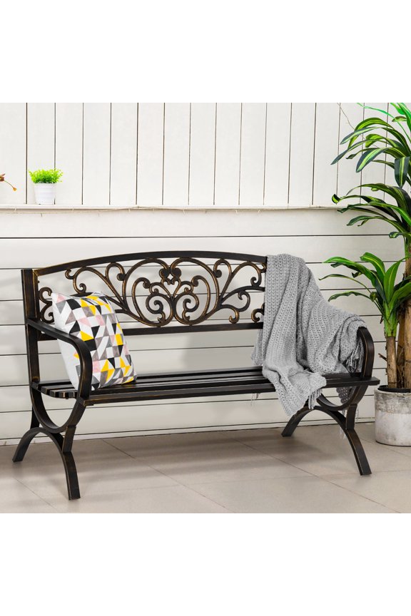 50" Steel Outdoor Patio Garden Bench Slatted Seat for Lawn, Park, Porch, Backyard- Bronze