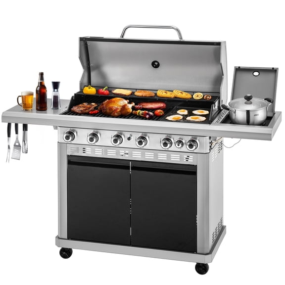 Alpha Joy 6-Burner Propane Gas Grill with Side Burner BBQ Grill Griddle Combo