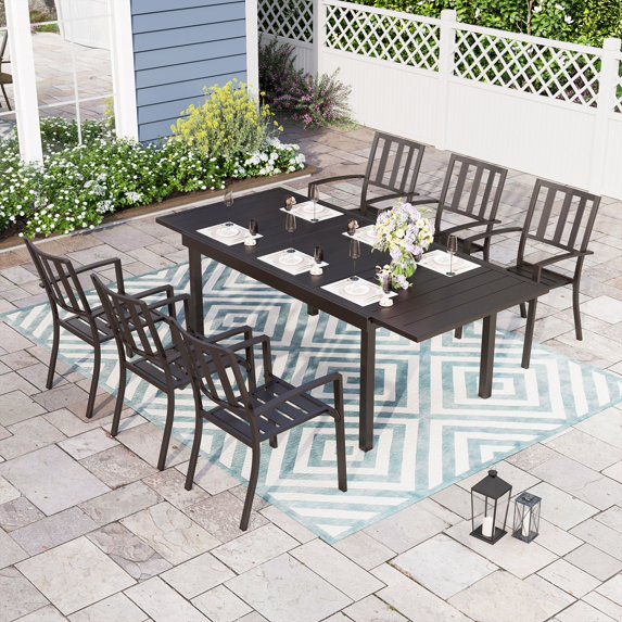 Alpha Joy 7-Piece Steel Patio Dining Set Outdoor Furniture Set with Extendable Table for 6