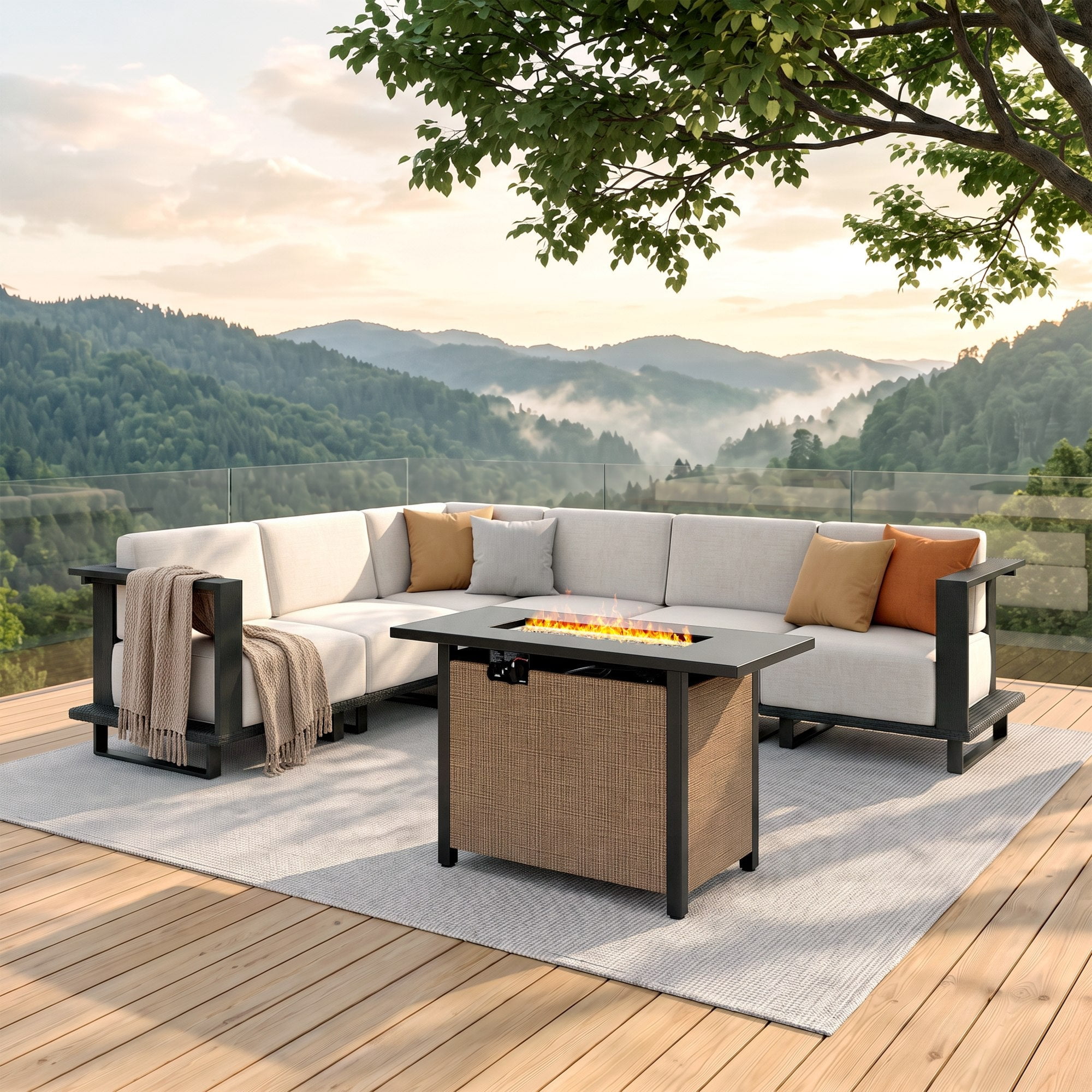 Alpha Joy 7 Pieces HDPE Patio Furniture Set with Fire Pit Table, Black ...