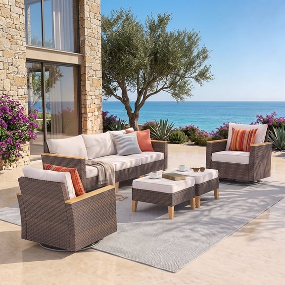 Alpha Joy 7 Pieces Patio Furniture Set with Swivel Chairs All-Weather Wicker Outdoor Conversation Set with Beige Cushions