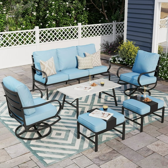 Alpha Joy 7 Seat Outdoor Patio Furniture Set Metal Conversation Set with Swivel Sofa Chairs & Table & Thick Cushions for Backyard, Blue