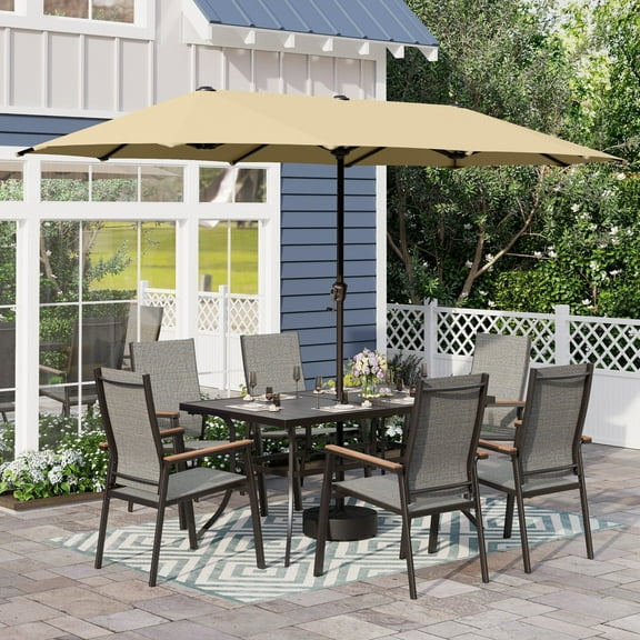 Sophia & William 8-Piece Outdoor Patio Dining Set with 13 ft Beige Umbrella, Aluminum Textilene Chairs & Metal Table for 6