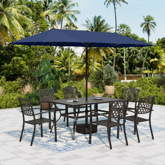 Alpha Joy 8-Piece Outdoor Patio Dining Set with 13 ft Navy Blue Umbrella, Metal Chairs & Rectangle Table for 6