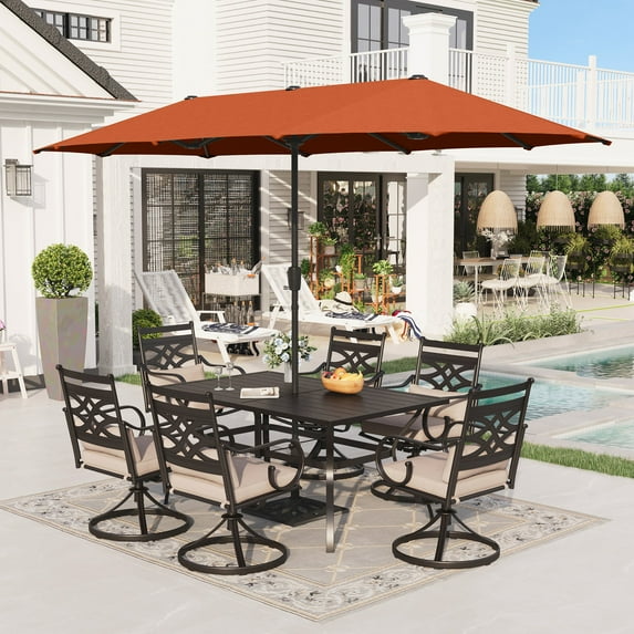 Sophia & William 8-Piece Outdoor Patio Dining Set with 13 ft Orange Red Umbrella, Cushioned Swivel Chairs & Metal Table for 6