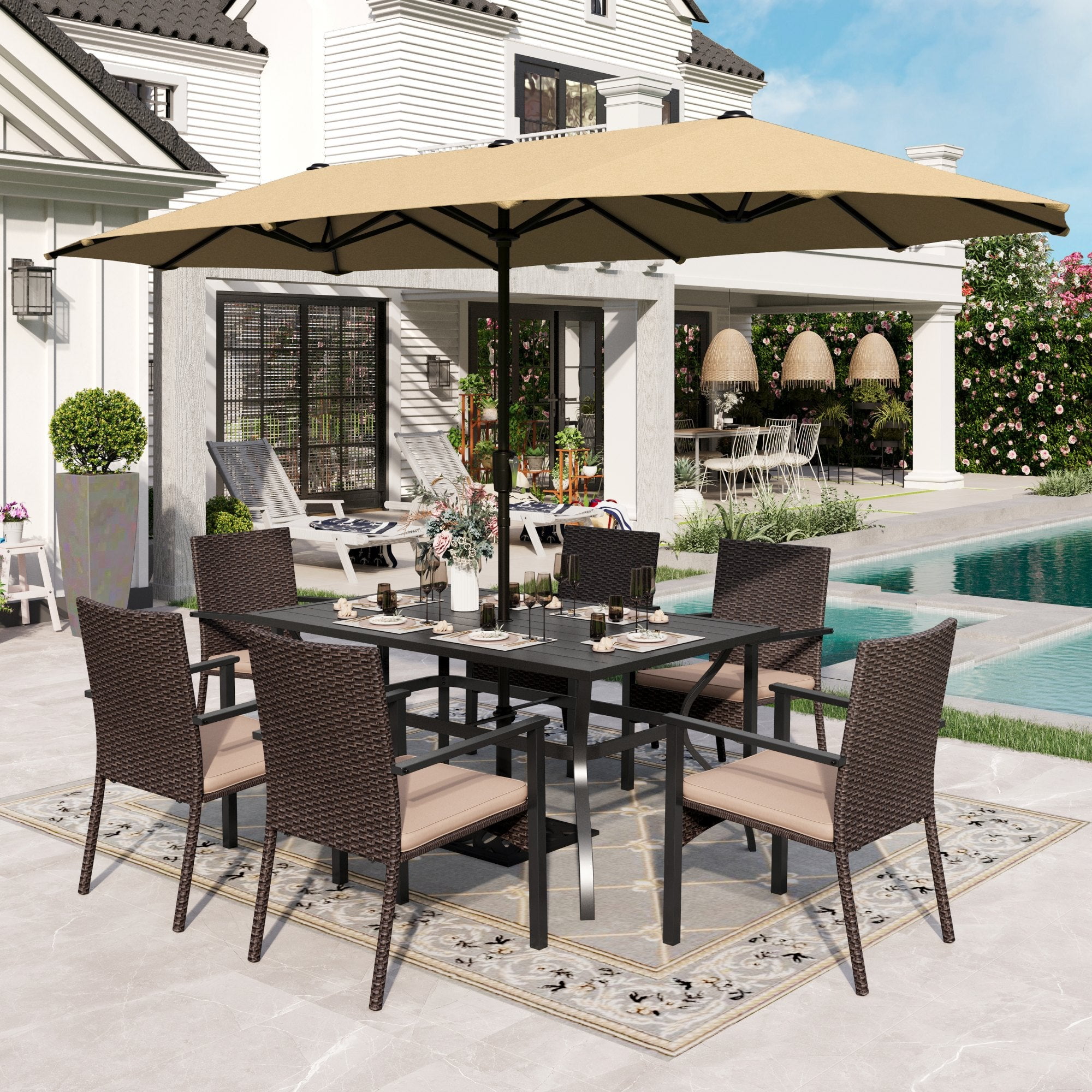 Sophia & William 8-Piece Patio Dining Set with 13 ft Beige Umbrella, Rattan Chairs & Table