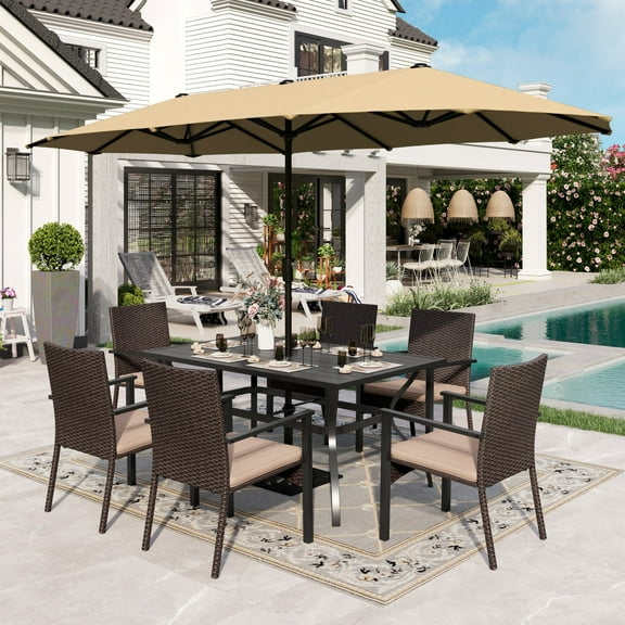 Alpha Joy 8-Piece Outdoor Patio Dining Set with 13 ft Umbrella, Rattan Chairs & Rectangle Table Set for 6, Beige Umbrella
