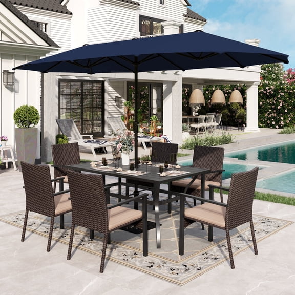Alpha Joy 8-Piece Outdoor Patio Dining Set with 13 ft Umbrella (No Base), Rattan Chairs & Rectangle Table Set for 6, Navy Umbrella