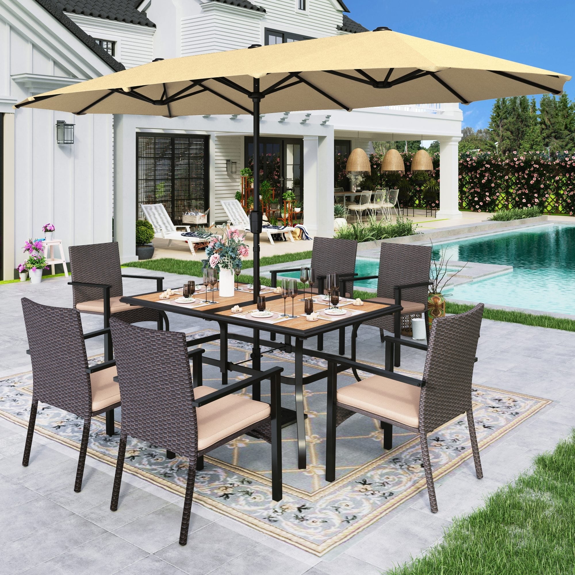 Alpha Joy 8-Piece Outdoor Patio Dining Set with 13 ft Umbrella (No Base), Rattan Chairs & Wood-look Metal Table Set for 6, Beige Umbrella