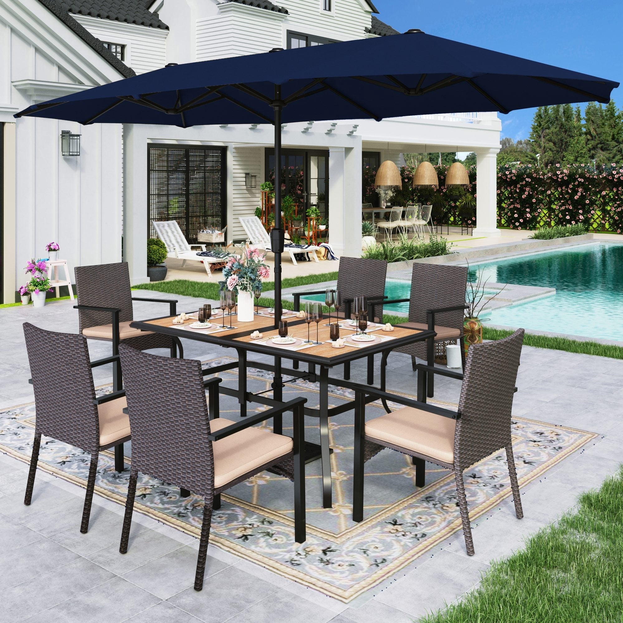 Alpha Joy 8-Piece Outdoor Patio Dining Set with 13 ft Umbrella (No Base), Rattan Chairs & Wood-look Metal Table Set for 6, Navy Umbrella
