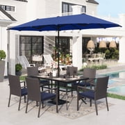 Alpha Joy 8 Pieces Outdoor Patio Dining Set with Cushioned Rattan Chairs, Metal Table & 13 ft Navy Umbrella for 6