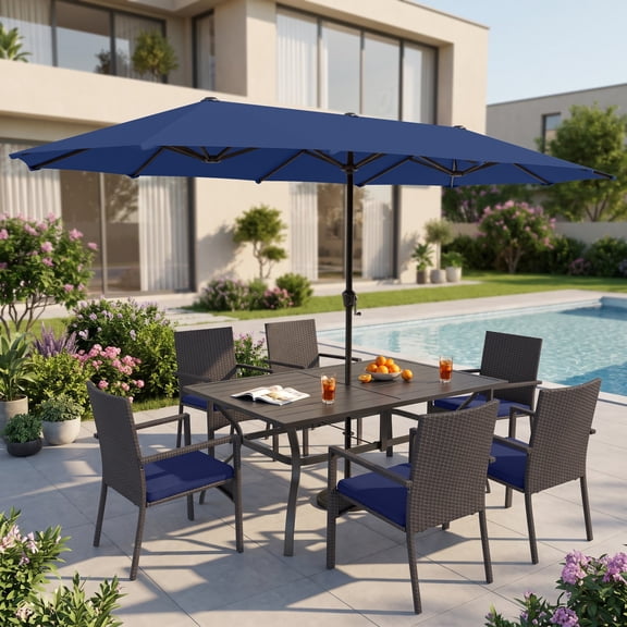 Alpha Joy 8 Pieces Outdoor Patio Dining Set with Cushioned Rattan Chairs, Metal Table & 13 ft Navy Umbrella (No Base) for 6