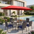 thumbnail image 1 of Alpha Joy 8 Pieces Outdoor Patio Dining Set with Rattan Chairs, Metal Table & 13 ft Red Umbrella (No Base) for 6, 1 of 14