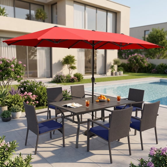 Alpha Joy 8 Pieces Outdoor Patio Dining Set with Rattan Chairs, Metal Table & 13 ft Red Umbrella (No Base) for 6