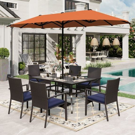 Alpha Joy 8 Pieces Outdoor Patio Dining Set with Rattan Chairs, Metal Table & 13 ft Red Umbrella for 6