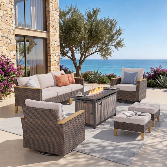Alpha Joy 8 Pieces Patio Furniture Set with 56" Fire Pit Table and Swivel Chairs All-Weather Wicker Outdoor Conversation Set with Beige Cushions