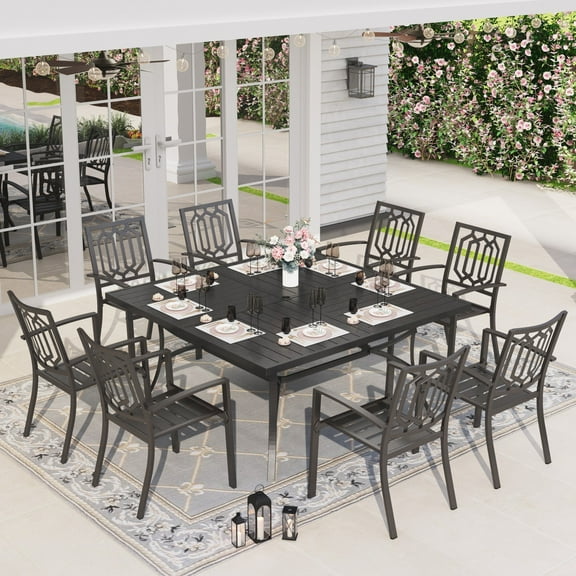 Alpha Joy 9 Piece Outdoor Metal Patio Dining Set 60" Square Table and Chairs Furniture Set for 8, Black