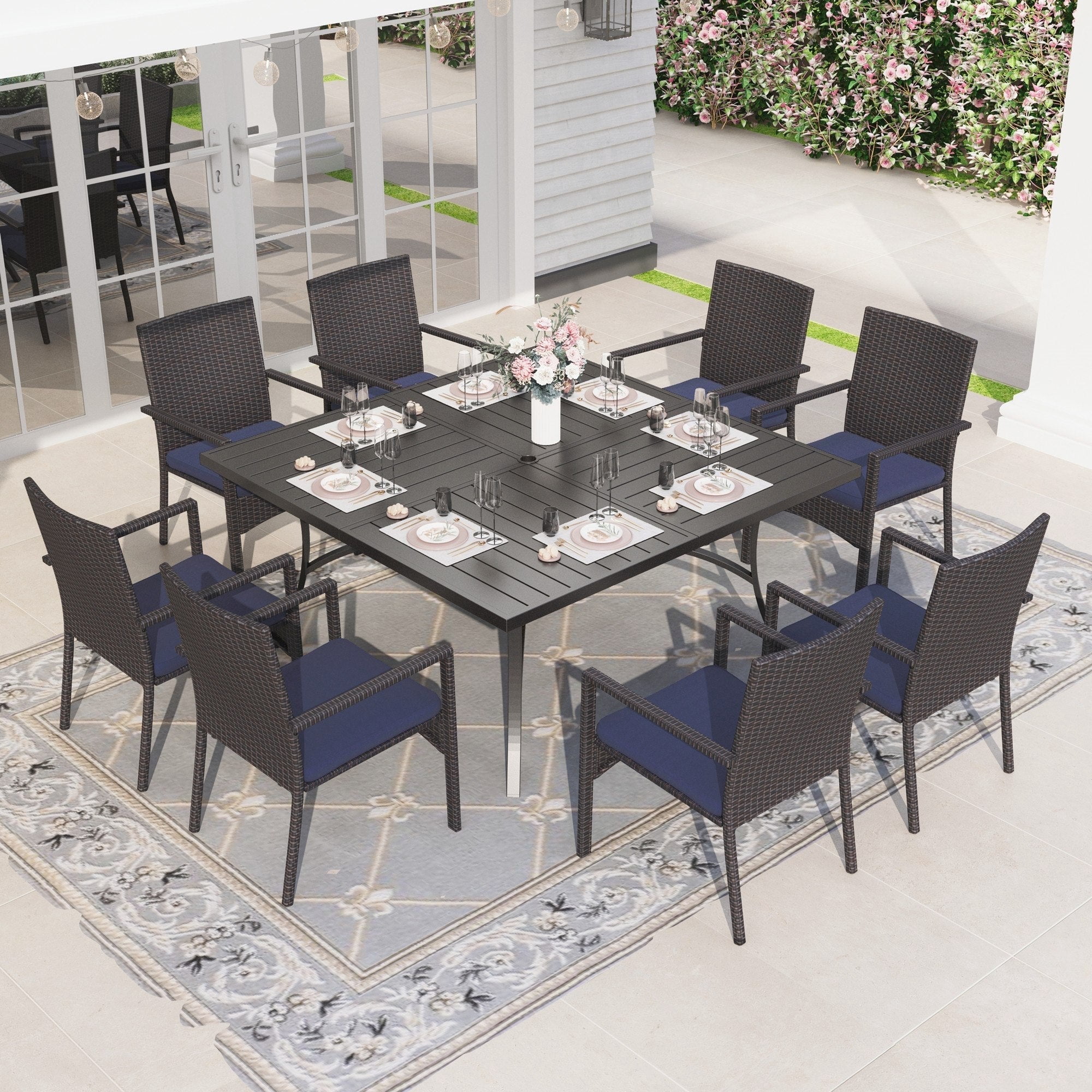 Wikker Alpha Alpha Joy 9 Piece Outdoor Patio Dining Set Wicker Chairs and Metal ...