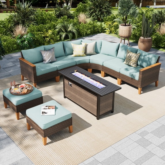 Alpha Joy 9 Pieces Outdoor Conversation Set with 56" Fire Pit Table Wicker Curved Patio Furniture, Turquoise