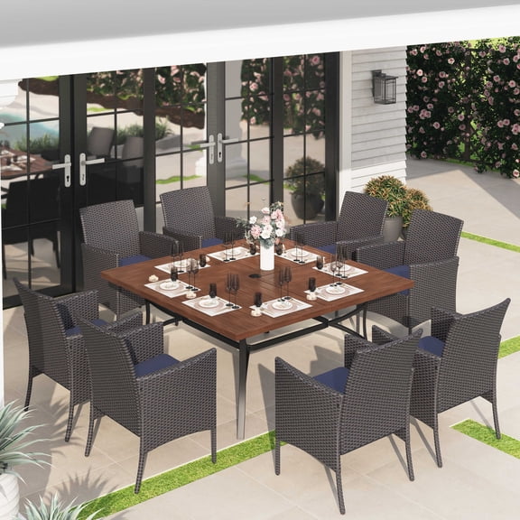 Alpha Joy 9 Pieces Outdoor Patio Dining Set with 8Pcs Rattan Wicker Chairs & 1Pc Large Square Metal Table