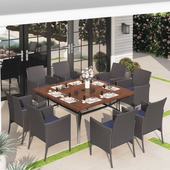 Alpha Joy 9 Pieces Outdoor Patio Dining Set with 8Pcs Rattan Wicker Chairs & 1Pc Large Square Metal Table