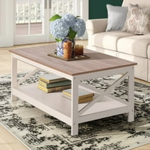 Alpha Joy Coffee Table Farmhouse Cocktail Table with Storage Shelf for Living Room-Ivory