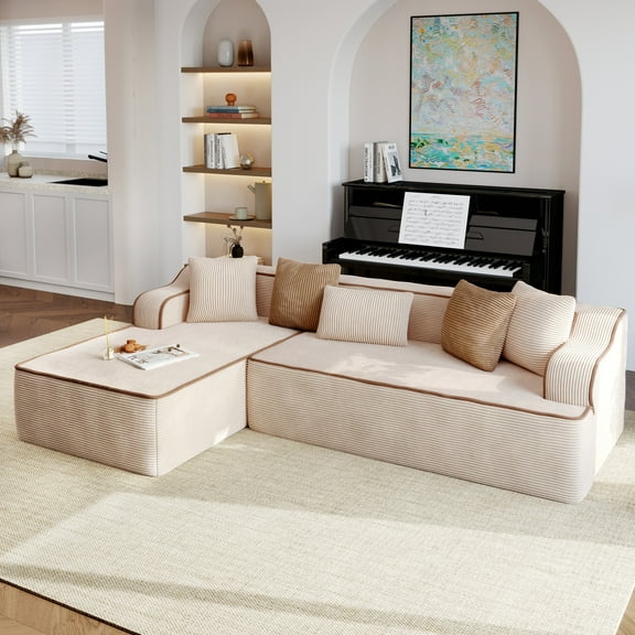 Sophia & William 104" Oversized L-Shaped Sectional Sofa 3 Seat Modern Corduroy Compressed Couch 28.4" Deep Modular Sofa for Living Room, Bedroom, Beige