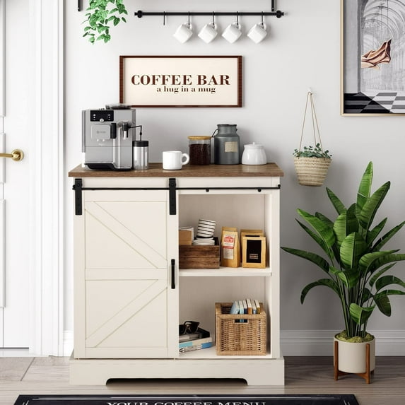 Alpha Joy Farmhouse Coffee Bar Cabinet with Barn Door, Medium Density Fiberboard White