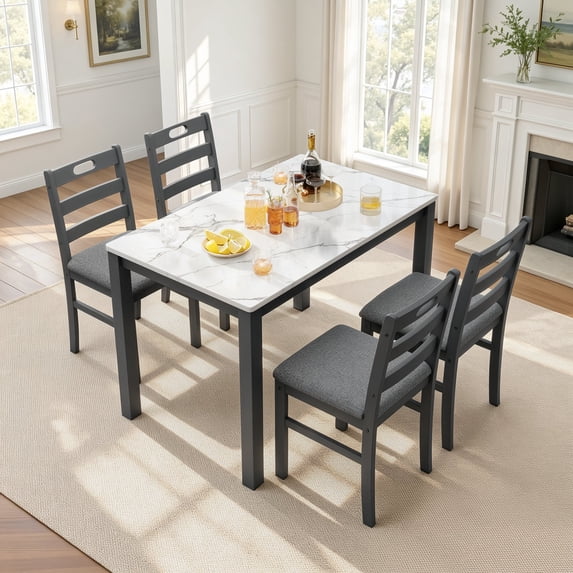 Alpha Joy Farmhouse Dining Table Set for 4, Faux Marble Rectangular Table with Solid Wood Paded Chairs