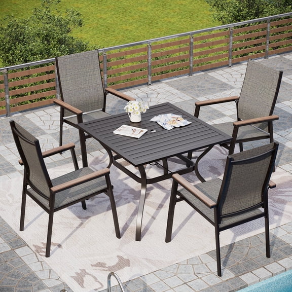Alpha Joy Outdoor Patio Dining Set with 37" Square Metal Table & Textilene Chairs for 4, Gray