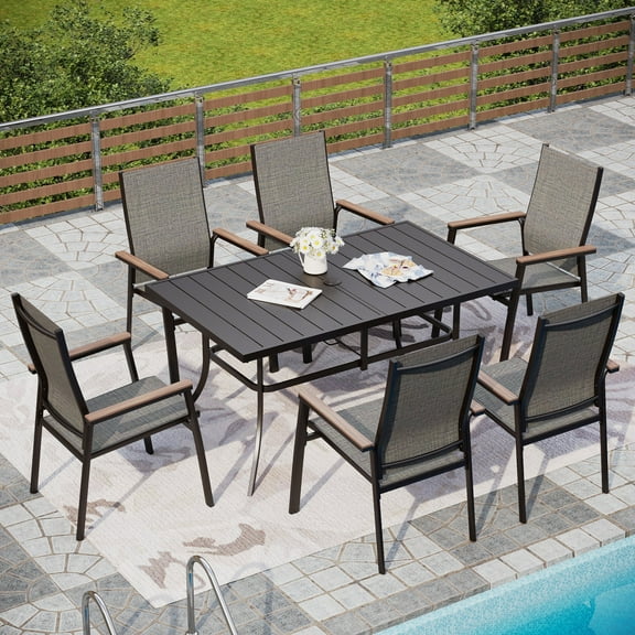 Alpha Joy Outdoor Patio Dining Set with Rectangular Metal Table & Textilene Chairs for 6, Gray