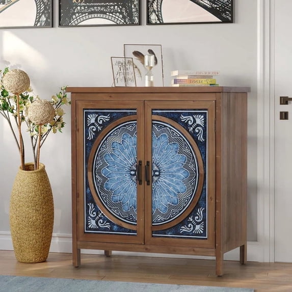 Alpha Joy Particle Board Iron Door Blue and White Porcelain 2-Door Accent, Multicolor