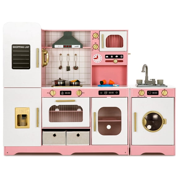 Alpha Joy Pretend Play Kitchen Large Wooden Toy Sets for Kids w/Realistic Sounds & Lights, Oven, Range Hood, Faucet, Sink, Cooking Accessories, Utensils, Pink