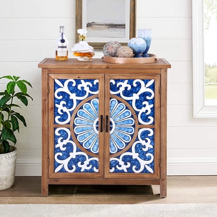 Alpha Joy Rustic 2-Door Accent Cabinet, Wood Storage Cabinet with Shelves in Porcelain Pattern for Entryway, Dining Room, Blue & White
