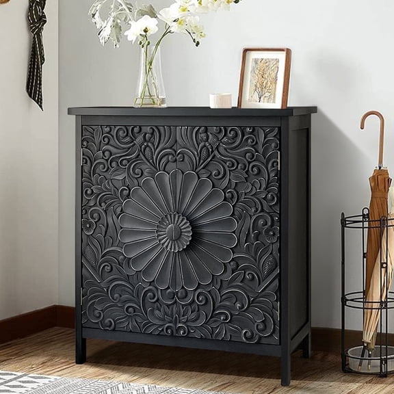 Alpha Joy Accent Cabinet with 2 Doors, Wood Entryway Cabinet with Flower Pattern in Wood Frame for Living Room, Dining Room, Black