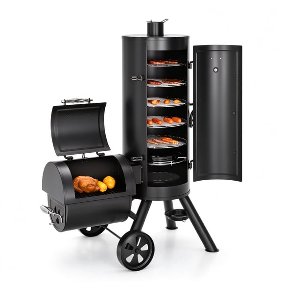 Alpha Joy Vertical Charcoal Smoker Grill with Offset Firebox, 961 Sq.In Total Cooking Area, 5 Adjustable Grates, Built-in Thermometer, Water Pan & Wheels for Backyard BBQ
