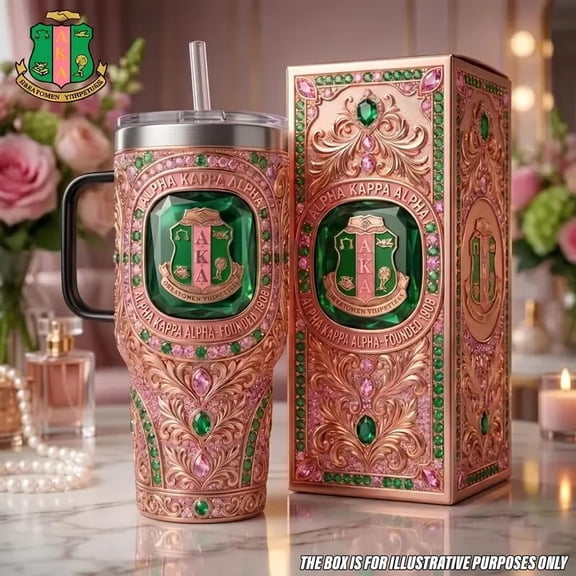 Alpha Kappa Alpha (Faux 3D) 40oz Tumbler with Handle, Heavy Duty Insulated Stainless Steel AKA Sorority Pink Green Crest Travel Mug Straw, Historical Black Sorority Sisterhood Gift