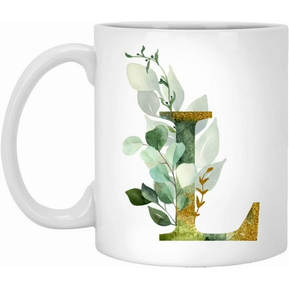 Alpha/L Graphic Letter L Coffee Mug - Alphabet Letter Monogram L - Gold Shimmer Any Letter Floral Alphabet Tea Coffee Hot Chocolate Cup For Her Birthday Christmas Mothers Day Coffee Mug 11oz